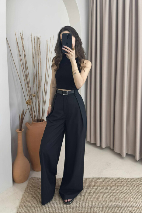 BELT DETAIL WIDE LEG WOMEN TROUSERS IN BLACK COLOR 