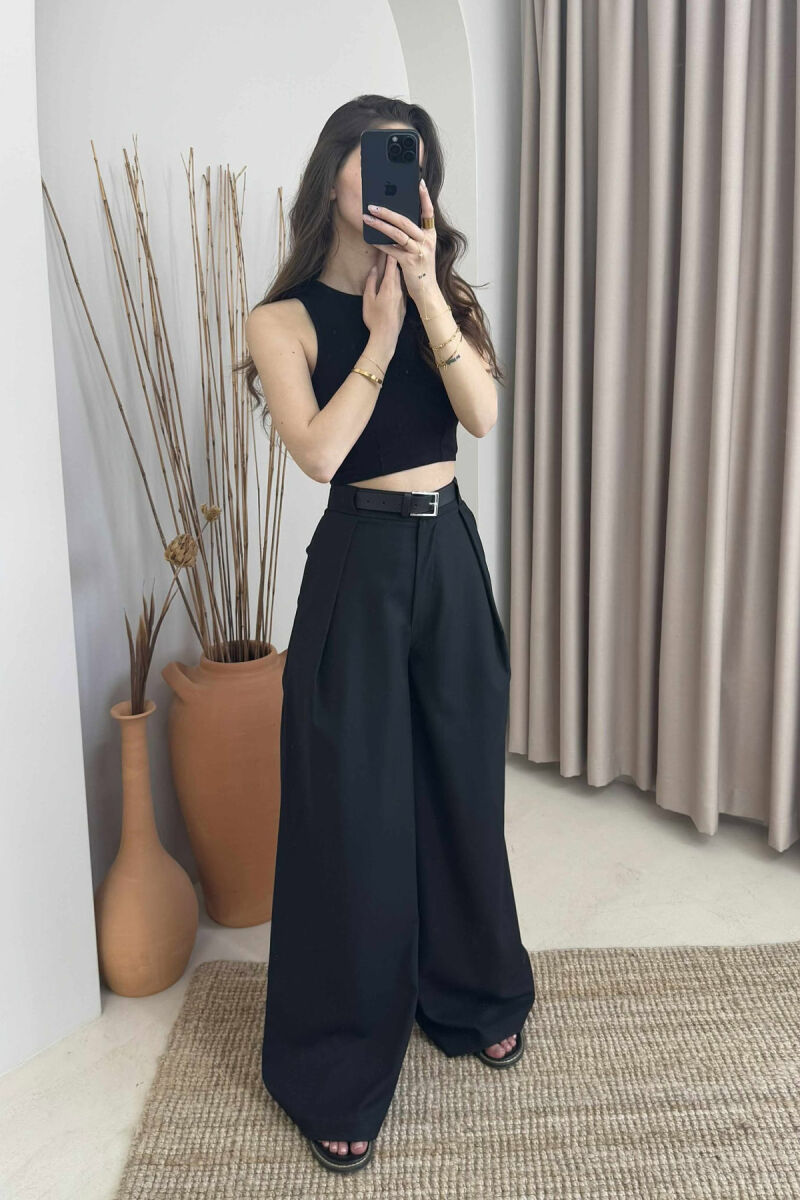 BELT DETAIL WIDE LEG WOMEN TROUSERS BLACK/ E ZEZE - 3