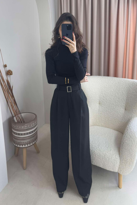 BELT DETAIL WIDE LEG WOMEN TROUSERS IN BLACK COLOR 