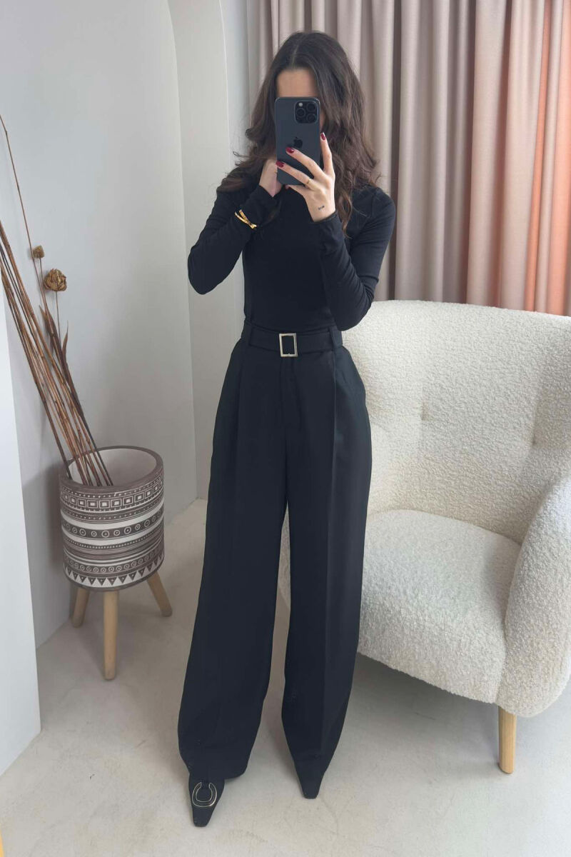 BELT DETAIL WIDE LEG WOMEN TROUSERS IN BLACK COLOR - 2