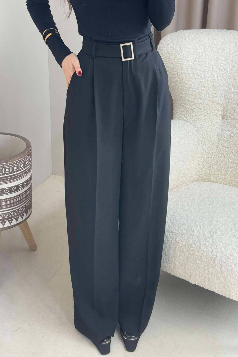 BELT DETAIL WIDE LEG WOMEN TROUSERS IN BLACK COLOR - 3