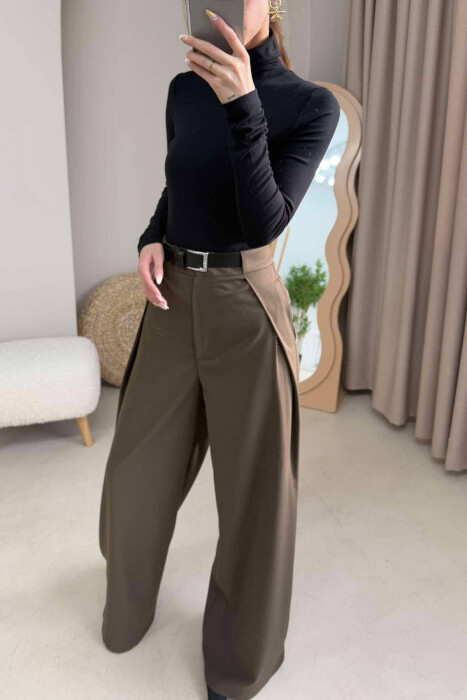 BELT DETAIL WIDE LEG WOMEN TROUSERS IN DARK GREEN COLOR - 4