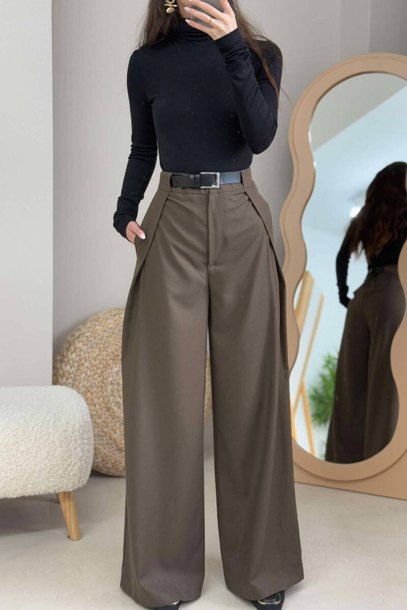 BELT DETAIL WIDE LEG WOMEN TROUSERS IN DARK GREEN COLOR - 5