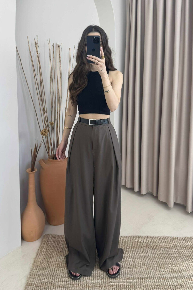 BELT DETAIL WIDE LEG WOMEN TROUSERS IN DARK GREEN COLOR - 2