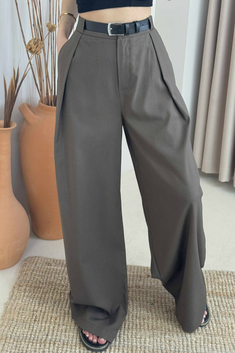 BELT DETAIL WIDE LEG WOMEN TROUSERS IN DARK GREEN COLOR - 3
