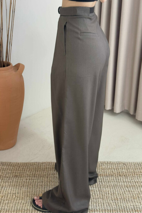 BELT DETAIL WIDE LEG WOMEN TROUSERS IN DARK GREEN COLOR - 4
