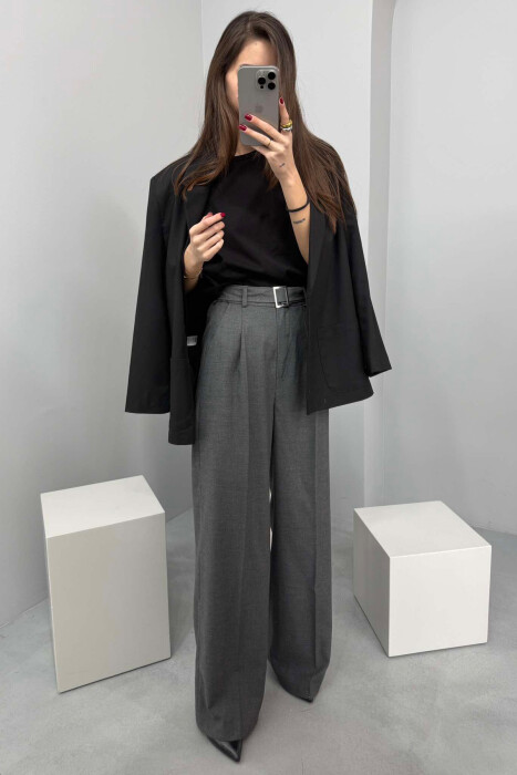 BELT DETAIL WIDE LEG WOMEN TROUSERS IN DARK GREY COLOR 