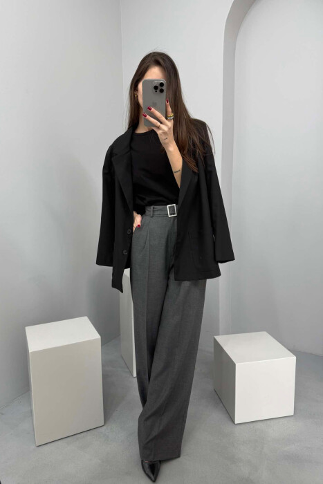 BELT DETAIL WIDE LEG WOMEN TROUSERS IN DARK GREY COLOR - 2