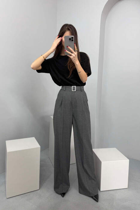 BELT DETAIL WIDE LEG WOMEN TROUSERS IN DARK GREY COLOR - 3