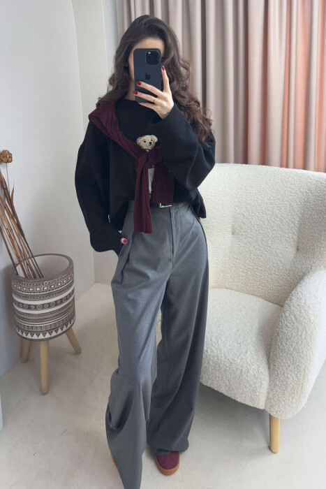 BELT DETAIL WIDE LEG WOMEN TROUSERS IN GREY COLOR 