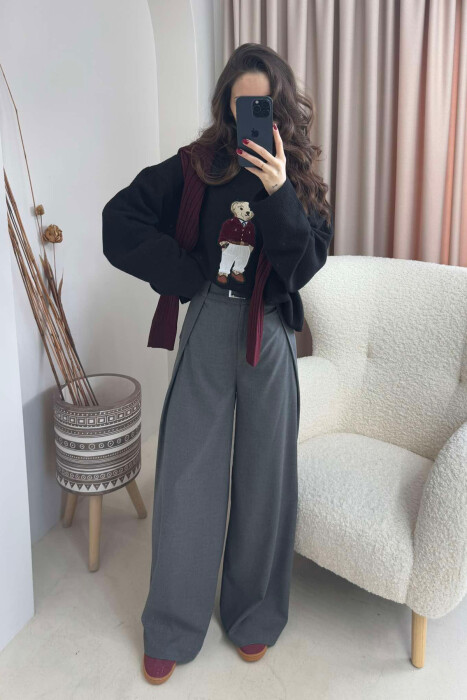 BELT DETAIL WIDE LEG WOMEN TROUSERS IN GREY COLOR - 3