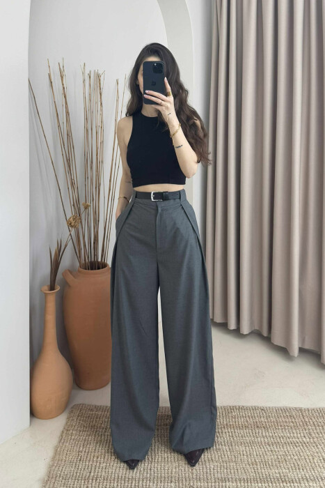 BELT DETAIL WIDE LEG WOMEN TROUSERS IN GREY COLOR 