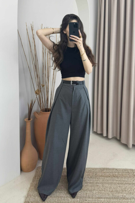 BELT DETAIL WIDE LEG WOMEN TROUSERS IN GREY COLOR - 2