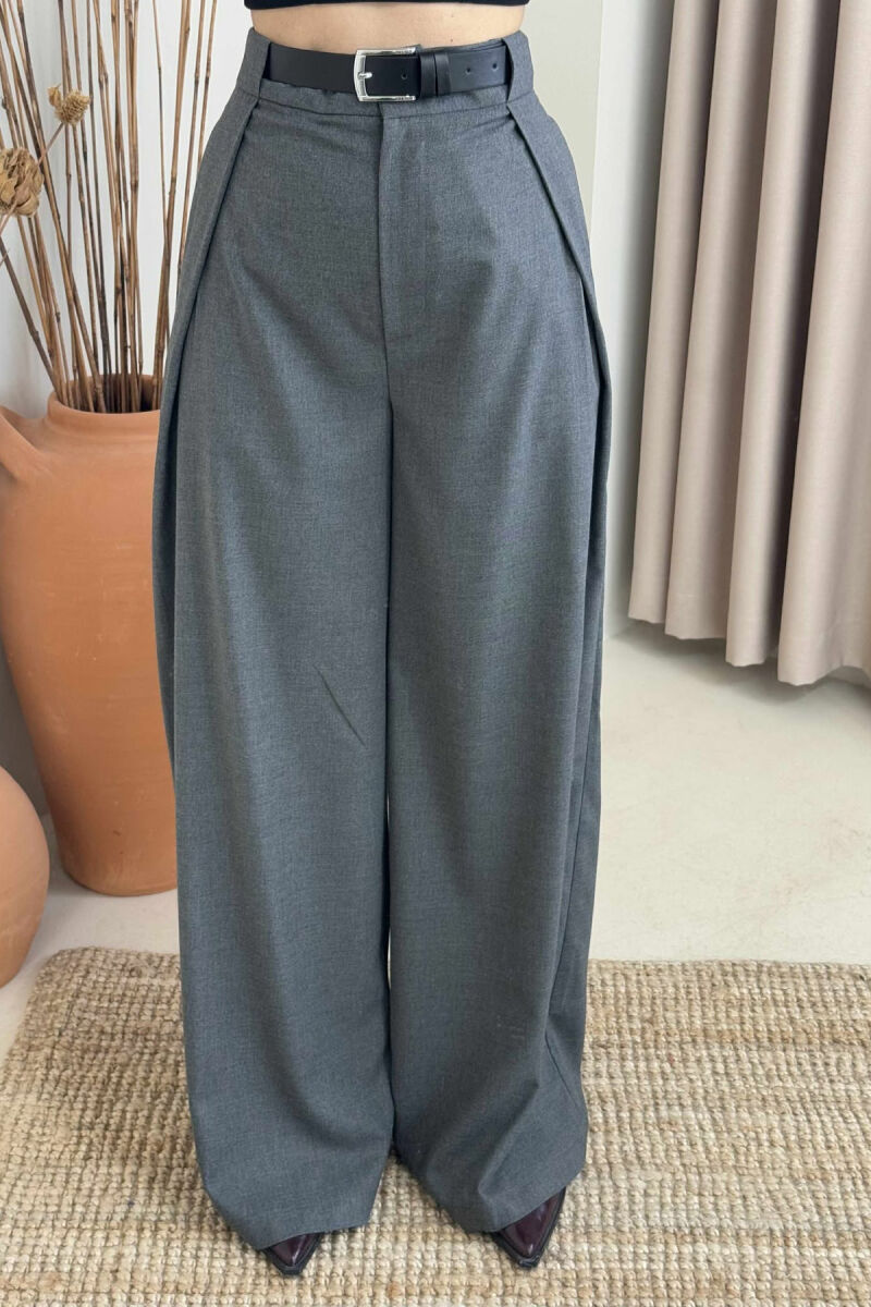 BELT DETAIL WIDE LEG WOMEN TROUSERS IN GREY COLOR - 3
