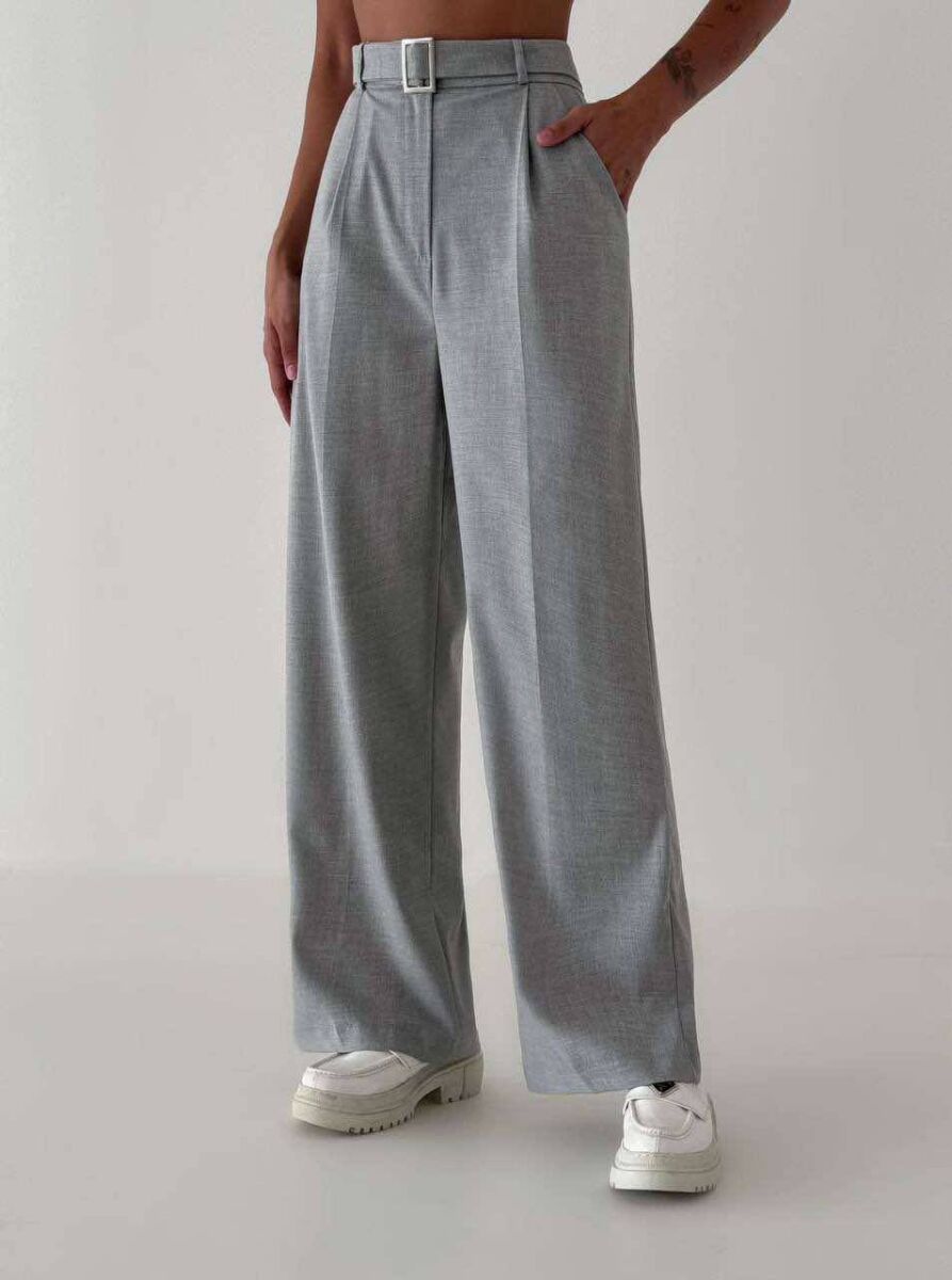 BELT DETAIL WIDE LEG WOMEN TROUSERS IN LIGHT GREY COLOR - 1