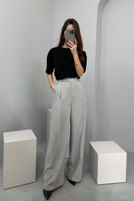 BELT DETAIL WIDE LEG WOMEN TROUSERS IN LIGHT GREY COLOR 