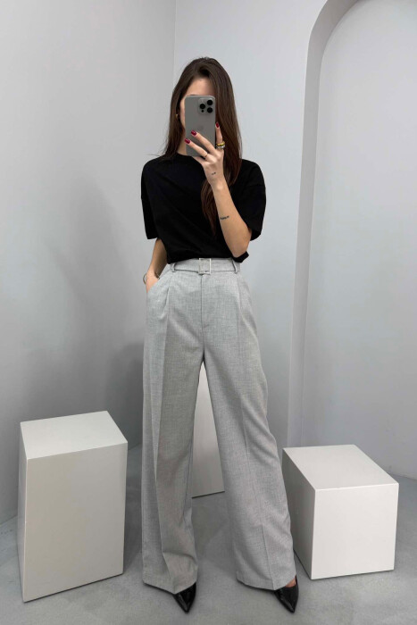 BELT DETAIL WIDE LEG WOMEN TROUSERS IN LIGHT GREY COLOR - 2