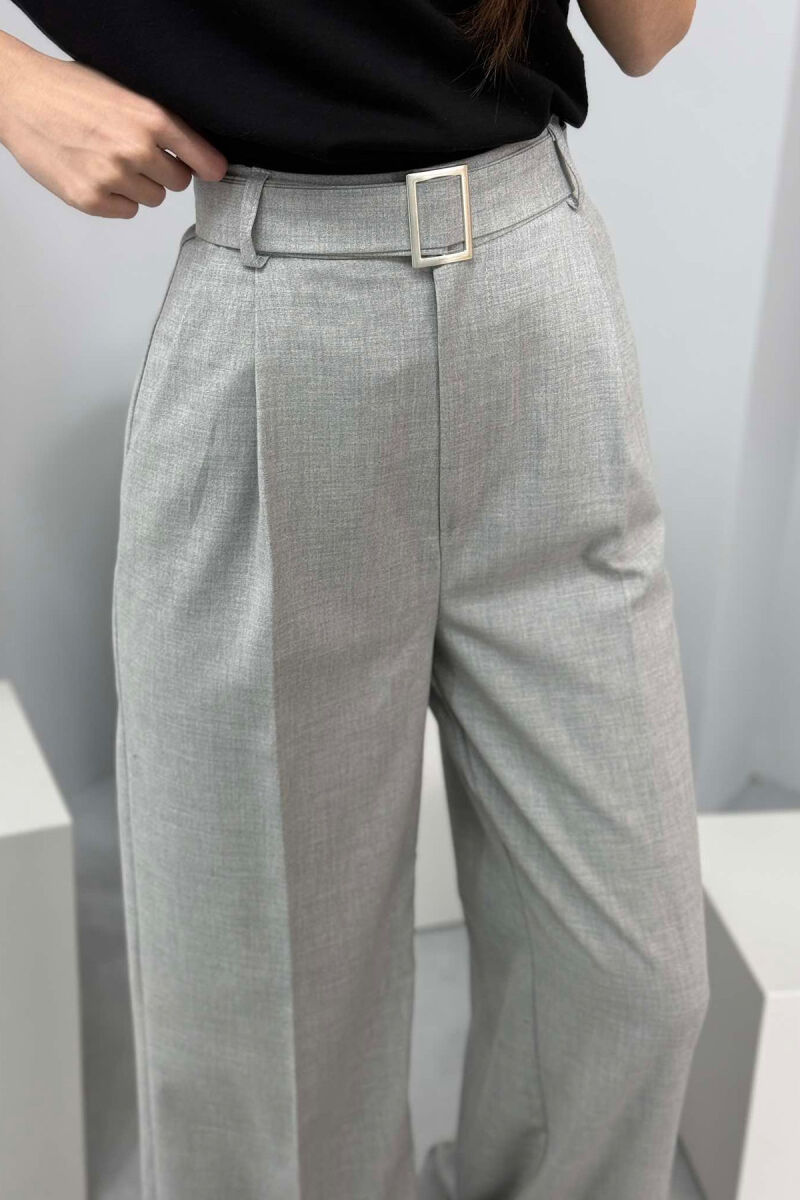 BELT DETAIL WIDE LEG WOMEN TROUSERS IN LIGHT GREY COLOR - 3