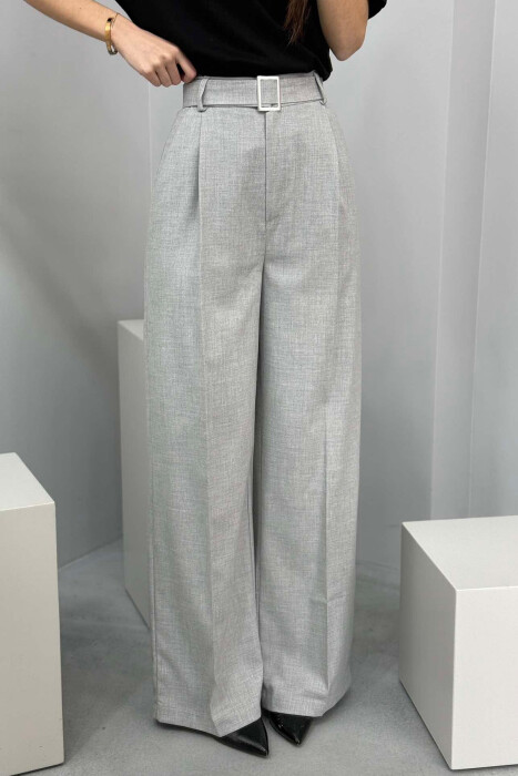 BELT DETAIL WIDE LEG WOMEN TROUSERS IN LIGHT GREY COLOR - 4