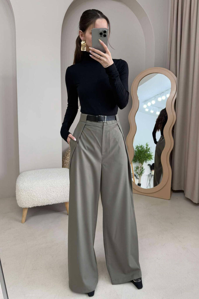 BELT DETAIL WIDE LEG WOMEN TROUSERS IN OLIVE COLOR - 1