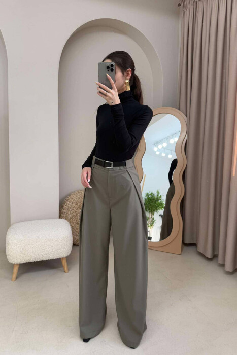 BELT DETAIL WIDE LEG WOMEN TROUSERS IN OLIVE COLOR - 5