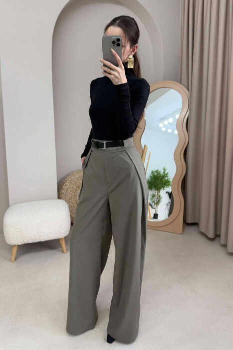 BELT DETAIL WIDE LEG WOMEN TROUSERS IN OLIVE COLOR - 6