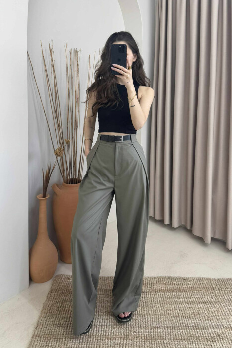 BELT DETAIL WIDE LEG WOMEN TROUSERS IN OLIVE COLOR 