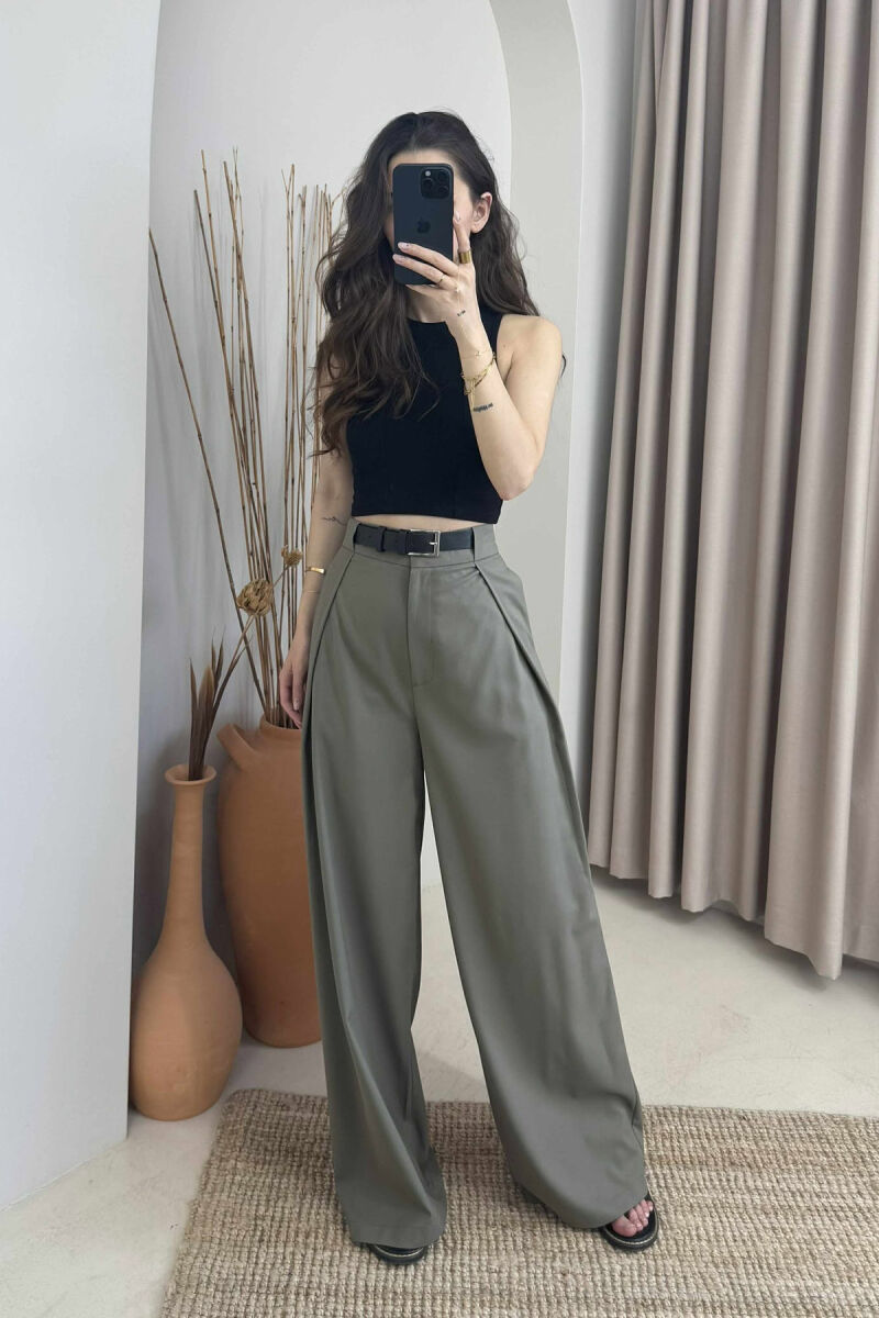 BELT DETAIL WIDE LEG WOMEN TROUSERS OLIVE/ULLI - 2