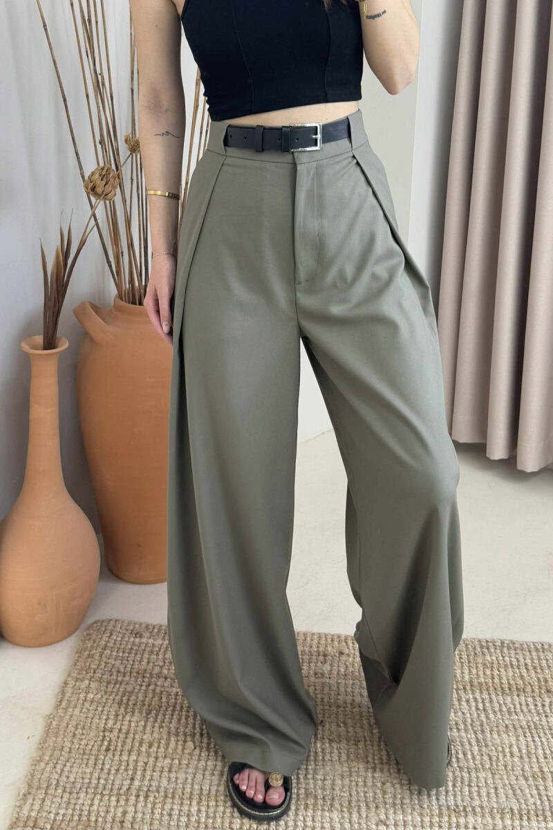 BELT DETAIL WIDE LEG WOMEN TROUSERS OLIVE/ULLI - 4