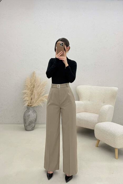BELT DETAIL WIDE LEG WOMEN TROUSERS LIGHT BROWN/KAZB - KLAUDIO FASHION