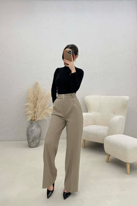 BELT DETAIL WIDE LEG WOMEN TROUSERS LIGHT BROWN/KAZB - 2