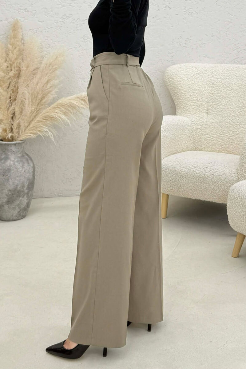 BELT DETAIL WIDE LEG WOMEN TROUSERS LIGHT BROWN/KAZB - 3
