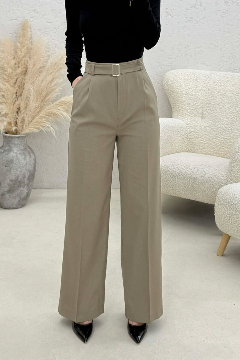 BELT DETAIL WIDE LEG WOMEN TROUSERS LIGHT BROWN/KAZB - 4