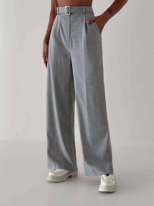 BELT DETAIL WIDE LEG WOMEN TROUSERS IN LIGHT GREY COLOR 