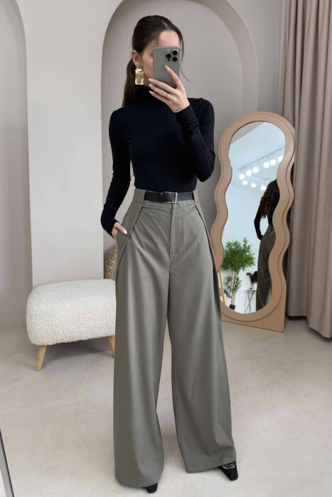 BELT DETAIL WIDE LEG WOMEN TROUSERS IN OLIVE COLOR 