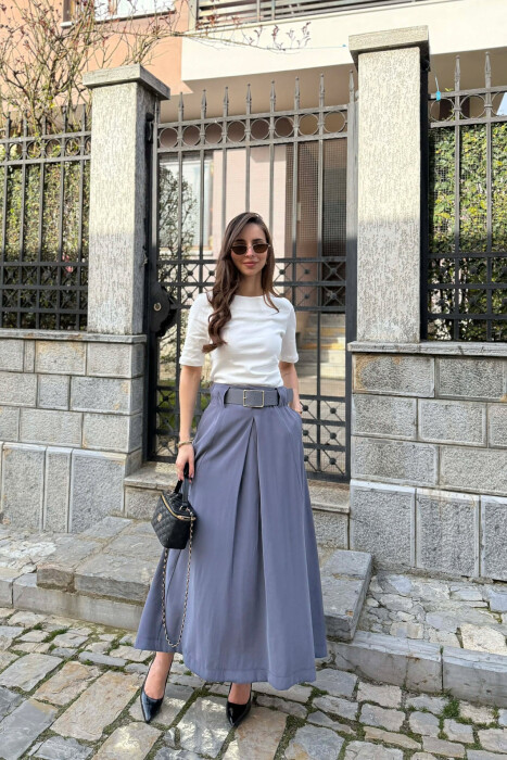 BELT DETAIL WOMAN SKIRT GREY/GRI - KLAUDIO FASHION