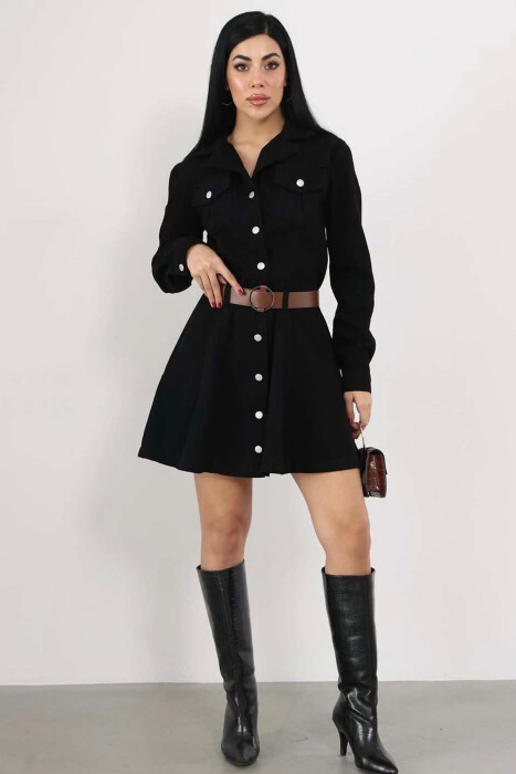 BELT DETAIL DENIM WOMEN DRESS IN BLACK COLOR - 3