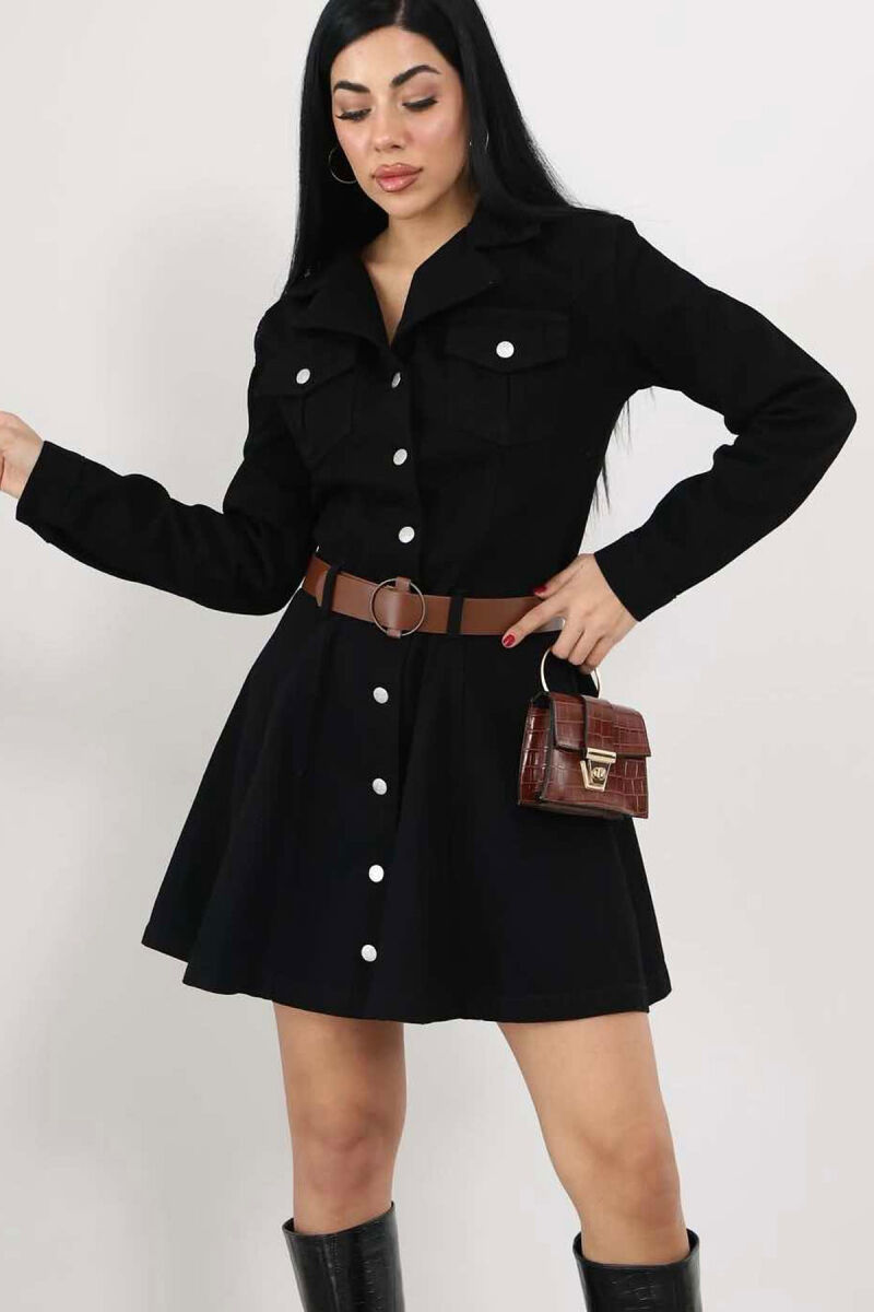 BELT DETAIL DENIM WOMEN DRESS IN BLACK COLOR - 5