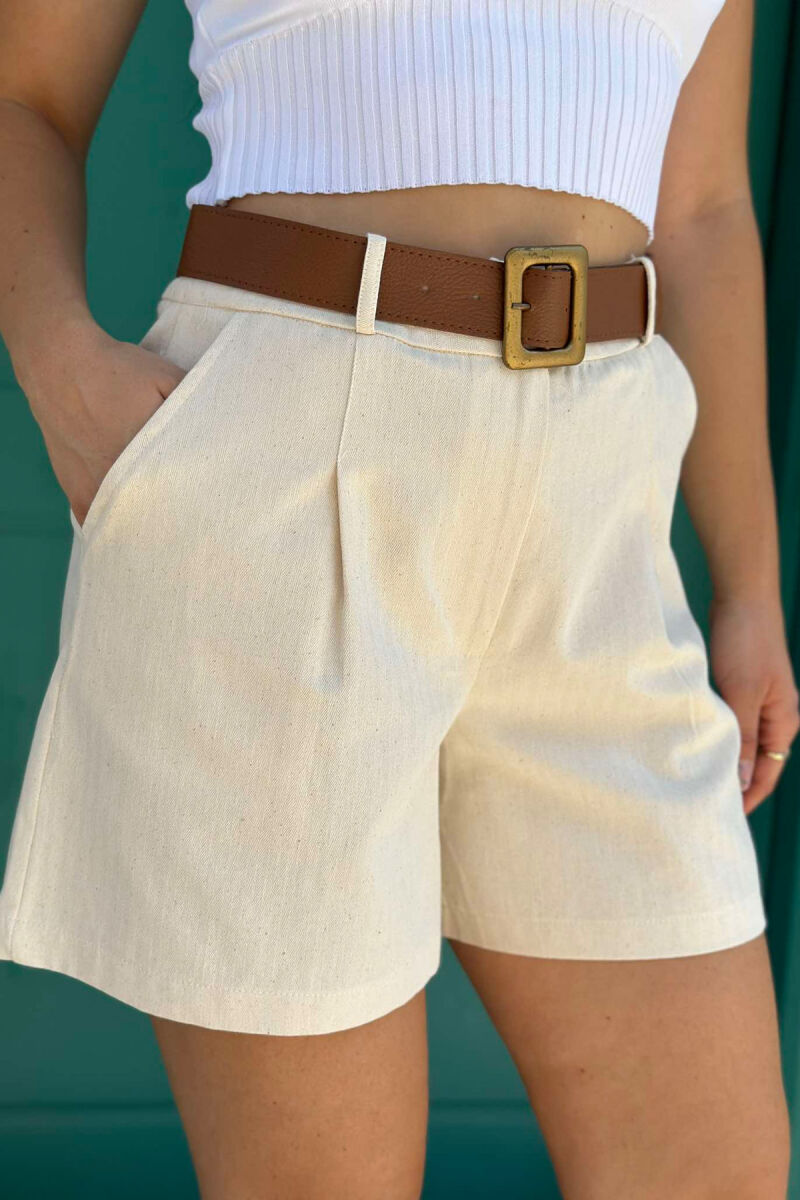 BELT DETAIL WOMEN SHORTS CREAM/KREM - 2