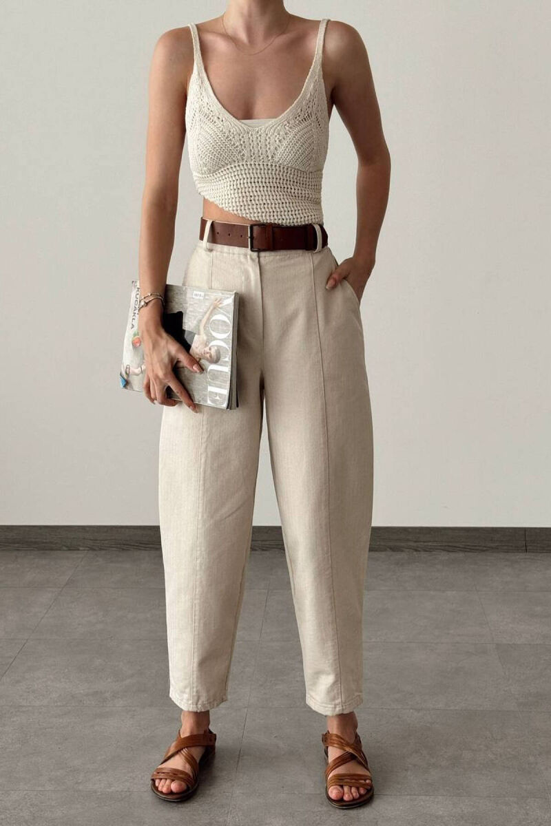 BELT DETAIL WOMAN TROUSERS IN BEIGE COLOR - 5