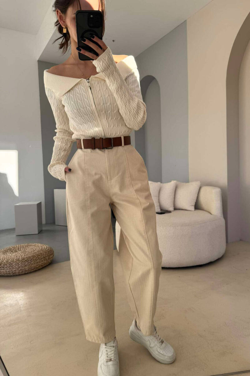 BELT DETAIL WOMAN TROUSERS IN BEIGE COLOR - 1