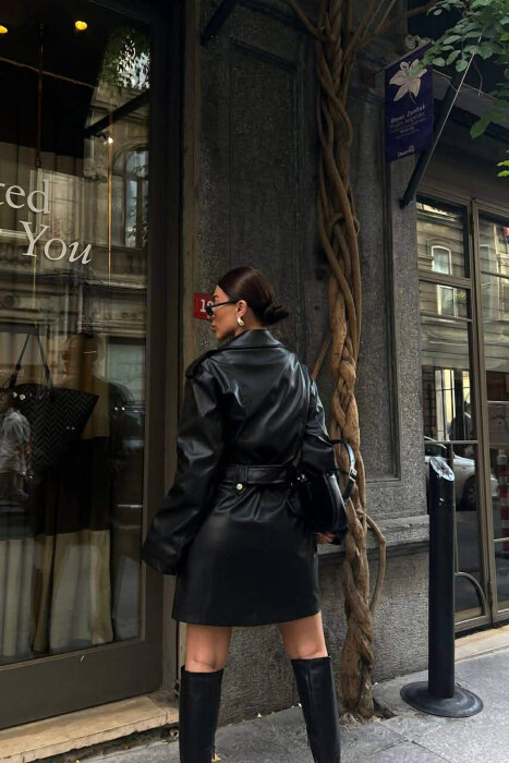 BELT DETAIL ZIPPERED SHORT LEATHER WOMEN DRESS BLACK/ E ZEZE - 2