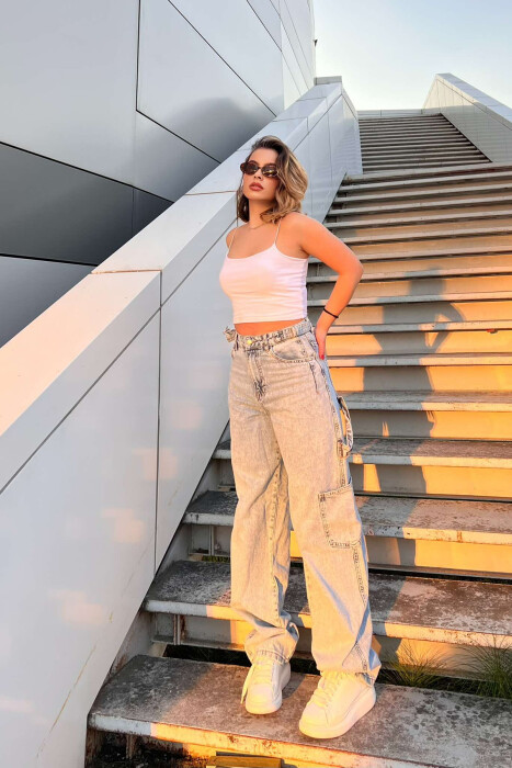 BELT DETAILS BAGGY WOMEN JEANS BABY BLUE/BLU BY 