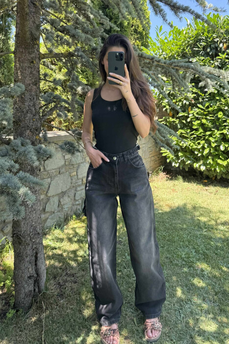 BELT DETAILS BAGGY WOMEN JEANS BLACK/ E ZEZE 