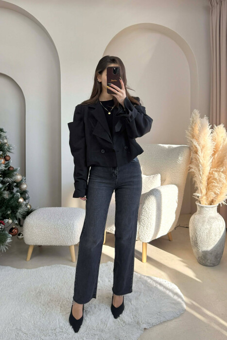 BELT DETAILS CROPPED WOMEN JACKET BLACK/ E ZEZE 