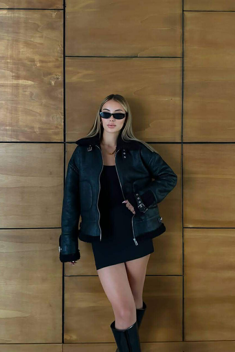 BELT DETAILS FLUFFY WOMEN JACKET BLACK/ E ZEZE - 1