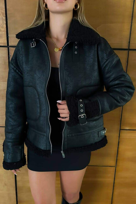 BELT DETAILS FLUFFY WOMEN JACKET BLACK/ E ZEZE - 2