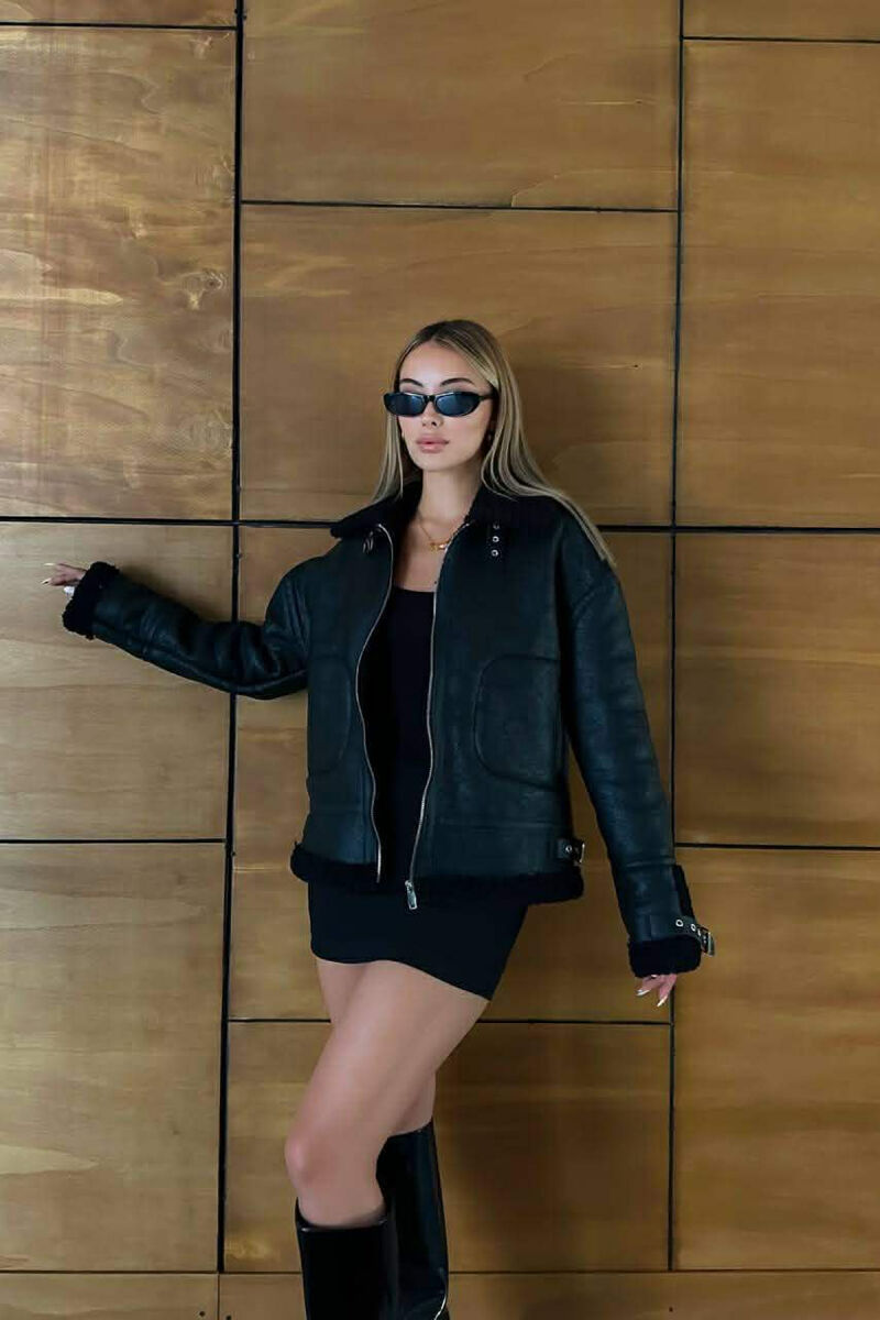 BELT DETAILS FLUFFY WOMEN JACKET BLACK/ E ZEZE - 4