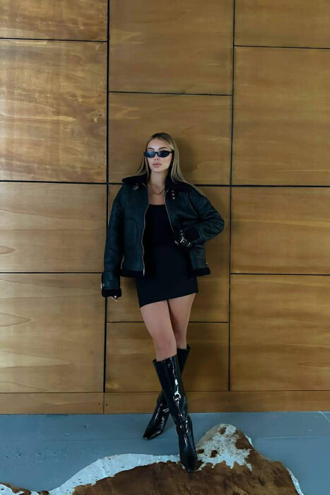 BELT DETAILS FLUFFY WOMEN JACKET BLACK/ E ZEZE - 5