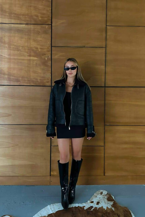 BELT DETAILS FLUFFY WOMEN JACKET BLACK/ E ZEZE - 8